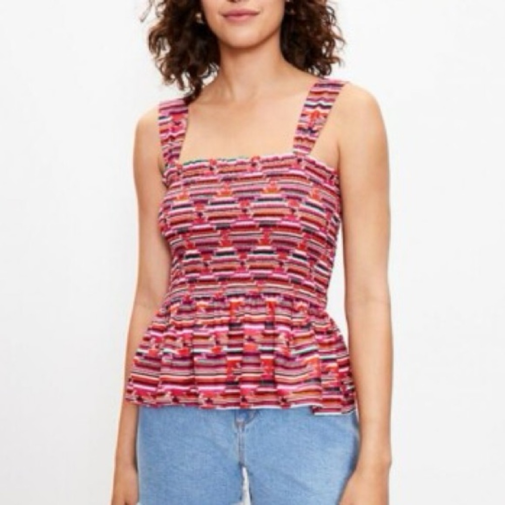 Loft Pink Purple Ikat Smocked Peplum Cami Tank Top Blouse Square Neck XS - Picture 2 of 10
